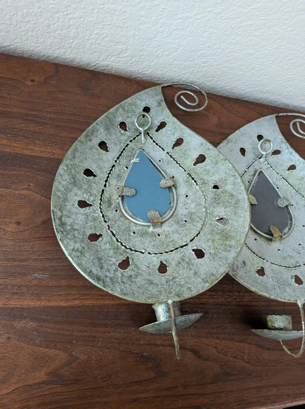 Set Of 2 Metal Paisley Boho Wall Decor Mirror Taper Candle Holders